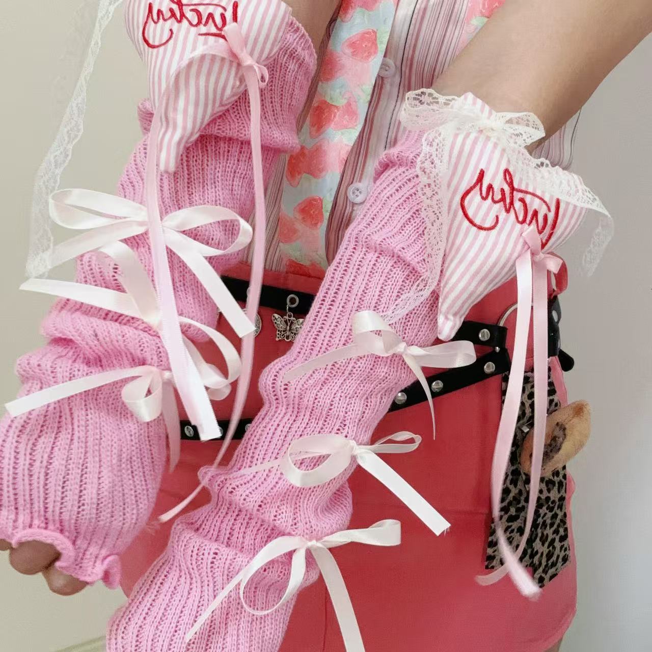 Hidden – Cute Pink Bow Tie Lace Gloves | Sweet Girl Decora Kei Sleeve Covers hidden