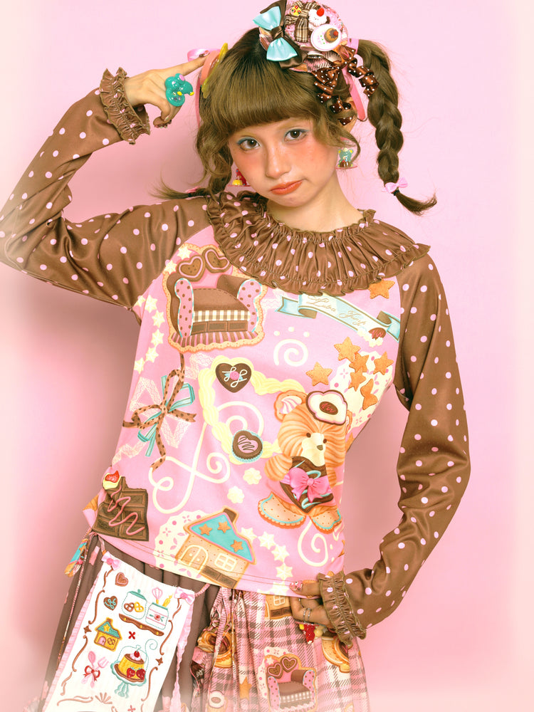 LutraJump - Kawaii Polka Dot Lace Collar Long Sleeve Top