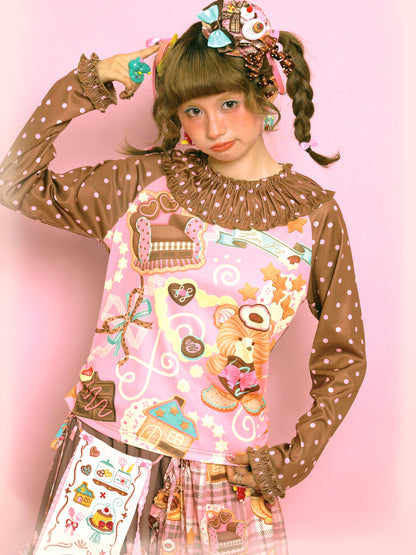 LutraJump - Kawaii Polka Dot Lace Collar Long Sleeve Top