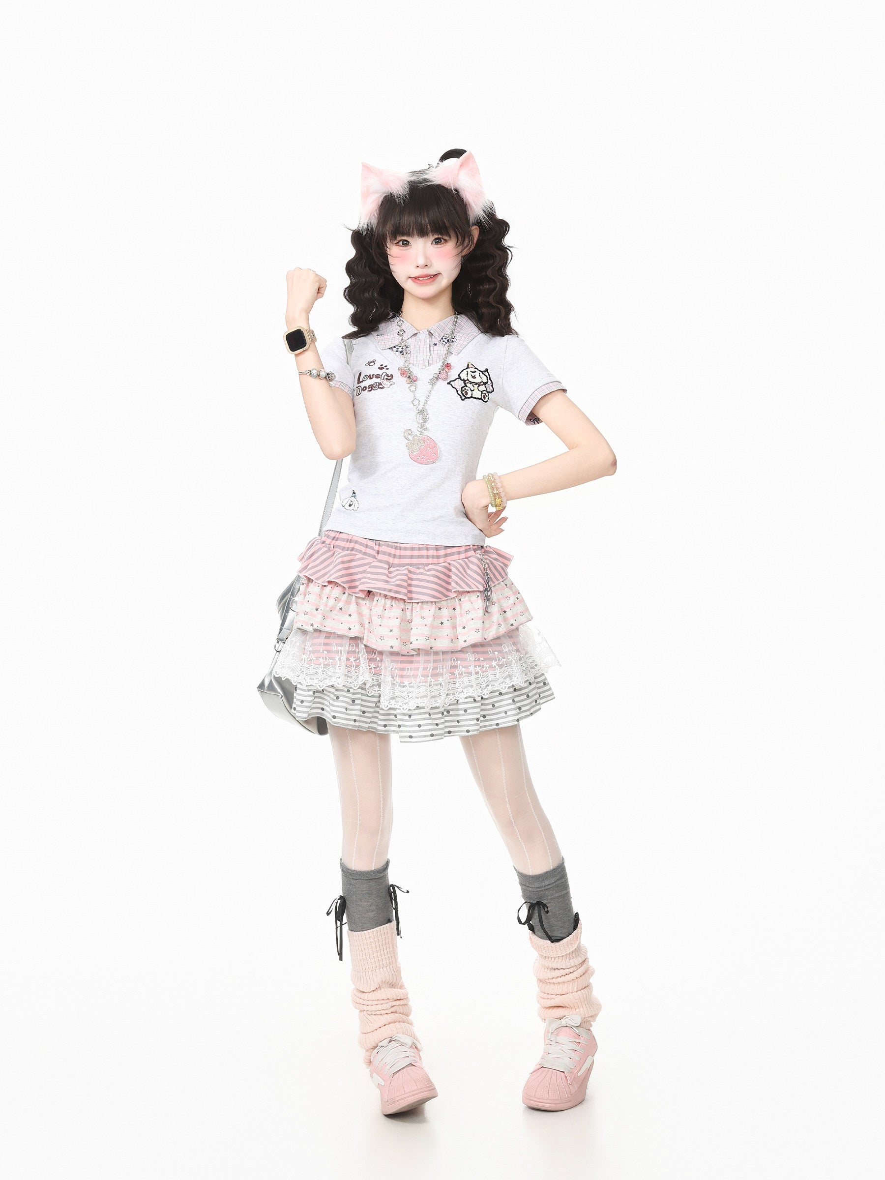 Languid Park - Lace Trim Polka Dot Stripe Puffy Mini Skirt skirt Languid Park