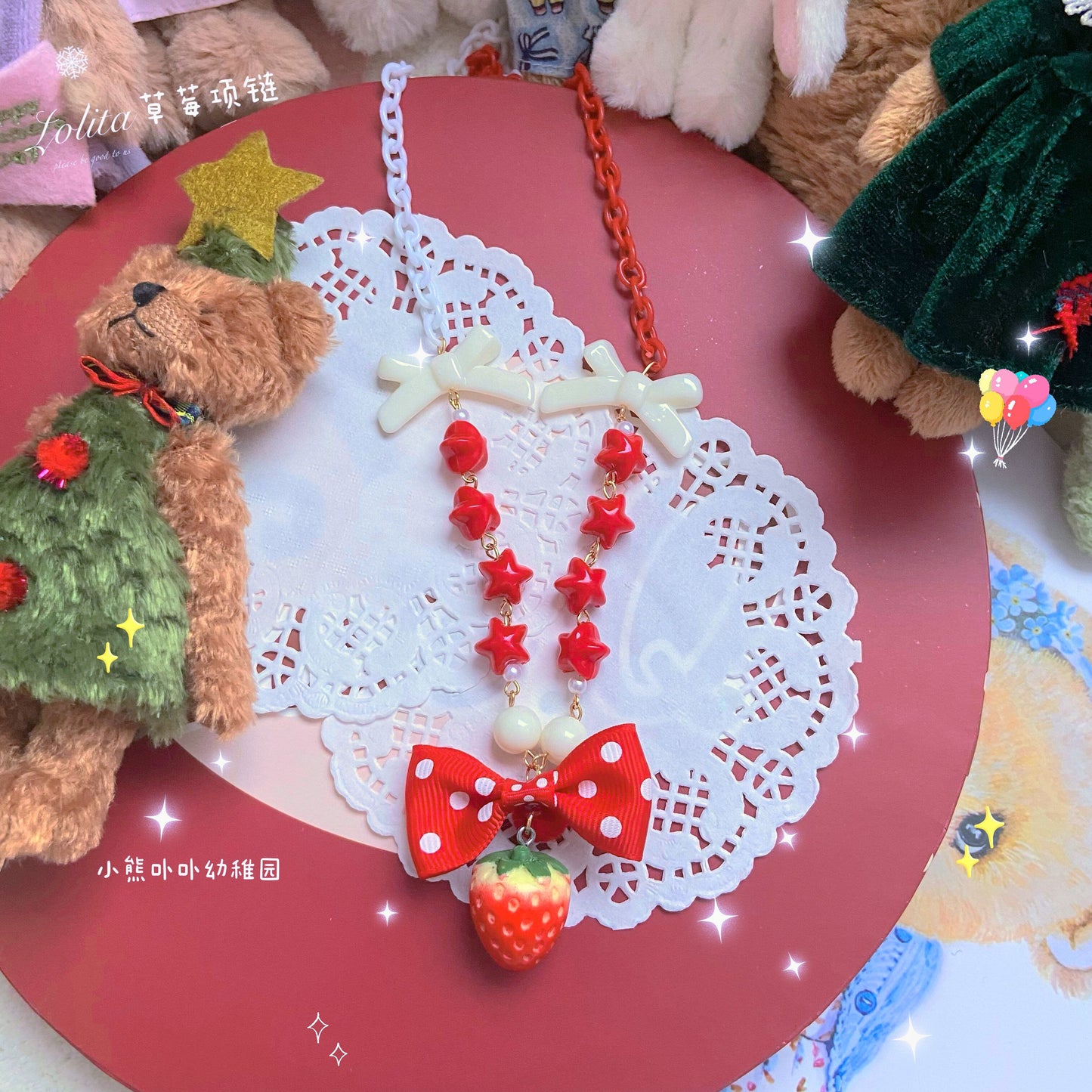 Bear Doll - Kawaii Strawberry Polka Dot Bow Necklace necklace Bear Doll