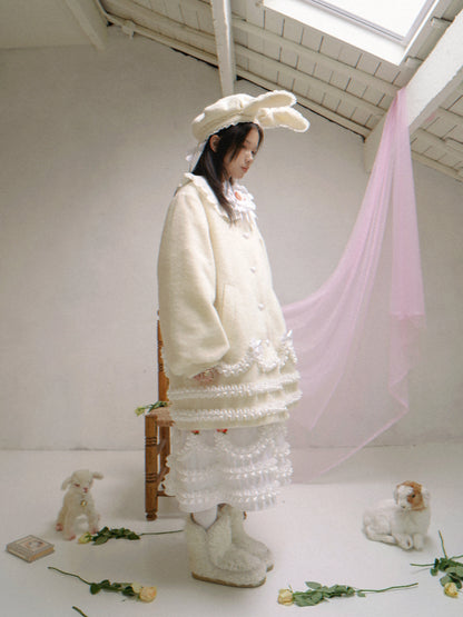 Daytoday Everyday Institute - Girly Wool Look Coat Cream Lace Puff Sleeve coat daytoday everyday institute