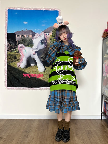 bunnybunnygun - Decora Kei Striped Knit Vest Oversized Sweet Cool vest bunnybunnygun