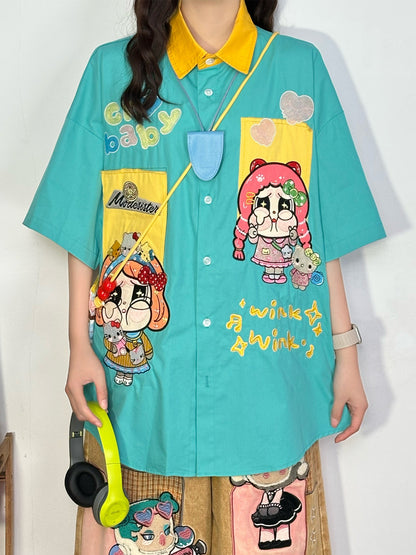 Blue Cartoon Embroidered Shirt shirt soldout