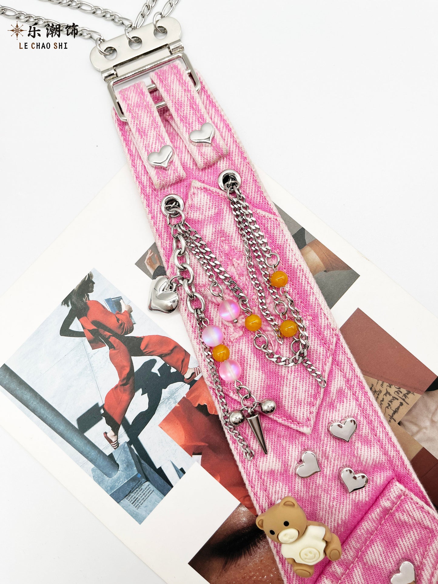 Le Chao - Pink Denim Tie Bear Chain Accessory tie Le Chao