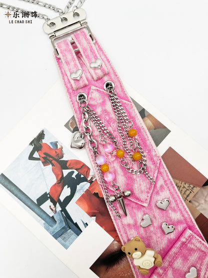 Le Chao - Pink Denim Tie Bear Chain Accessory tie Le Chao
