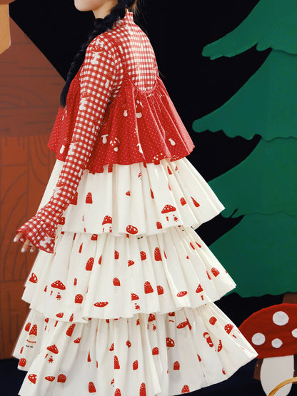 Meugler – Kawaii Red Mushroom Layered Ruffle Cami Dress