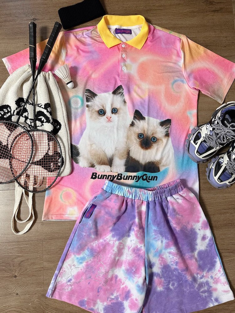bunnybunnygun - Cat Mesh Oversize Polo Shirt shirt bunnybunnygun
