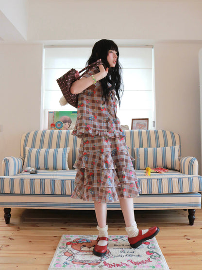 KaiXin Hostel - Strawberry Plaid Bow Shirt Set set KaiXin hostel