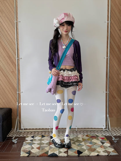 LET ME SEE - Kawaii Colorful Big Dot White Tights tights let me see