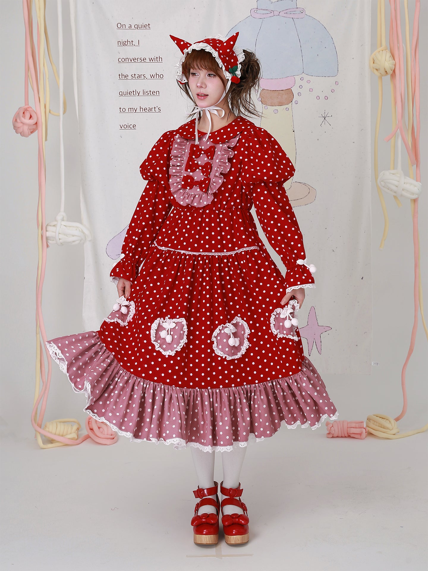 SOS MEME CLUB - Kawaii Red Polka Dot Christmas Dress Vintage Lolita Long Sleeve dress SOS MEME CLUB