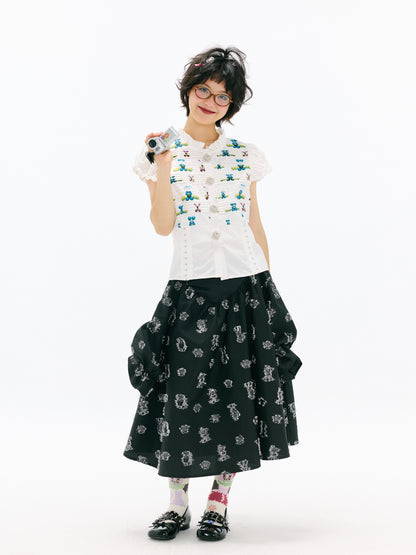 sillysis - Colorful Lace Puff Sleeve Blouse shirt sillysis