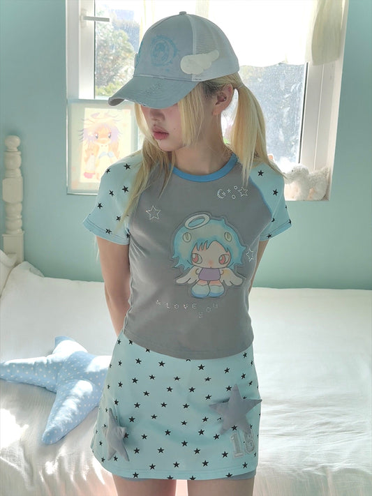 Hashtag DDD - Y2K Dreamcore Mint Grey Star Skirt Pants
