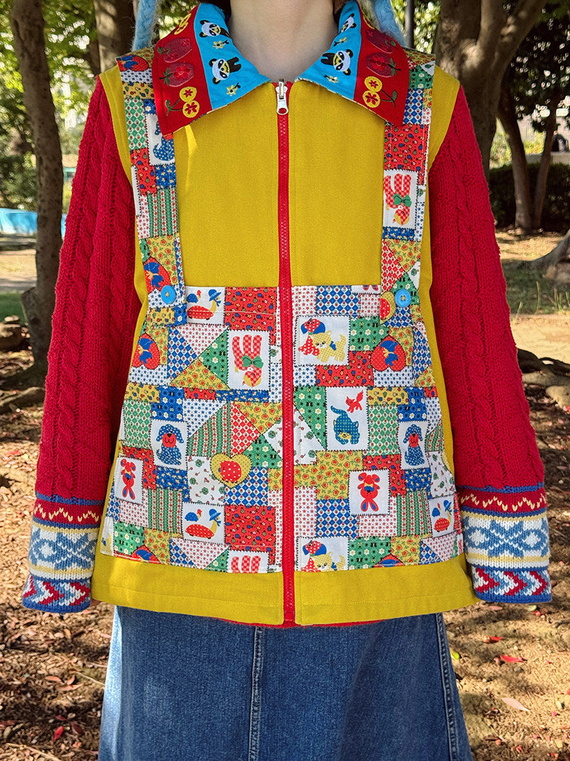 made in zzz 双面穿棉服童趣撞色拼接毛线刺绣田园艺术夹棉外套 jacket made in zzz