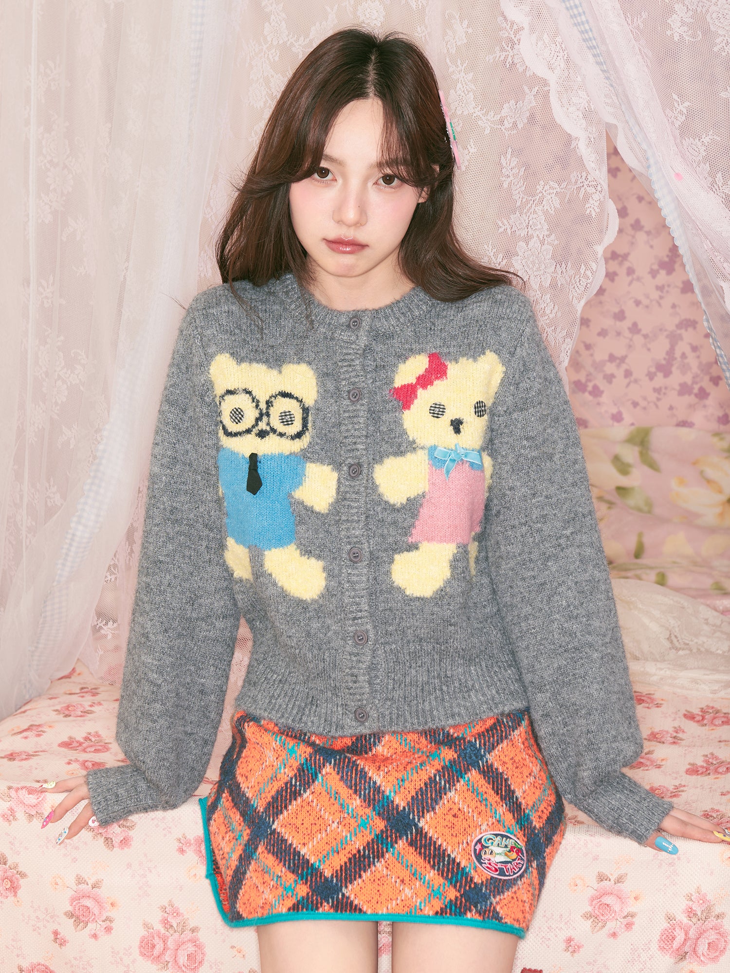 tntntutu - Beige & Charcoal Teddy Plush Knit Cardigan cardigan tntntutu