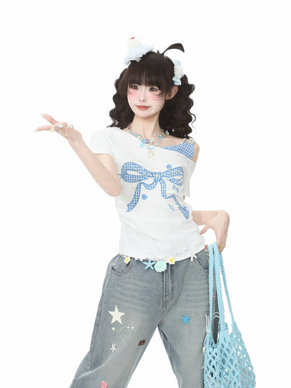 Languid Park - Plaid Rhinestone Off Shoulder Tee shirt Languid Park