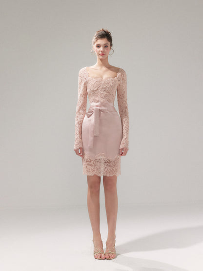 YZZI HE - “Tulip Pink Mist” Satin Lace Bodycon Dress dress YZZI HE