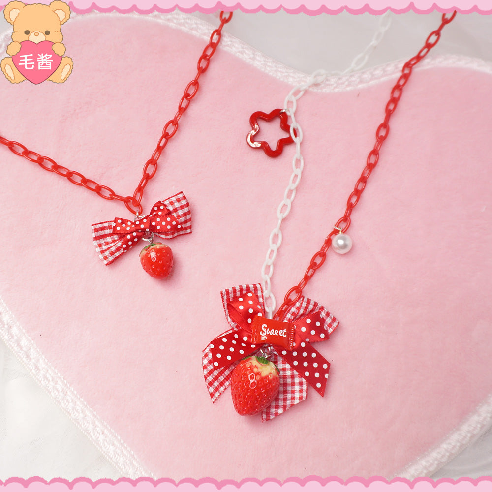 MaoJiang Strawberry Bow Necklace | Kawaii Long Pendant Chain necklace maojiang