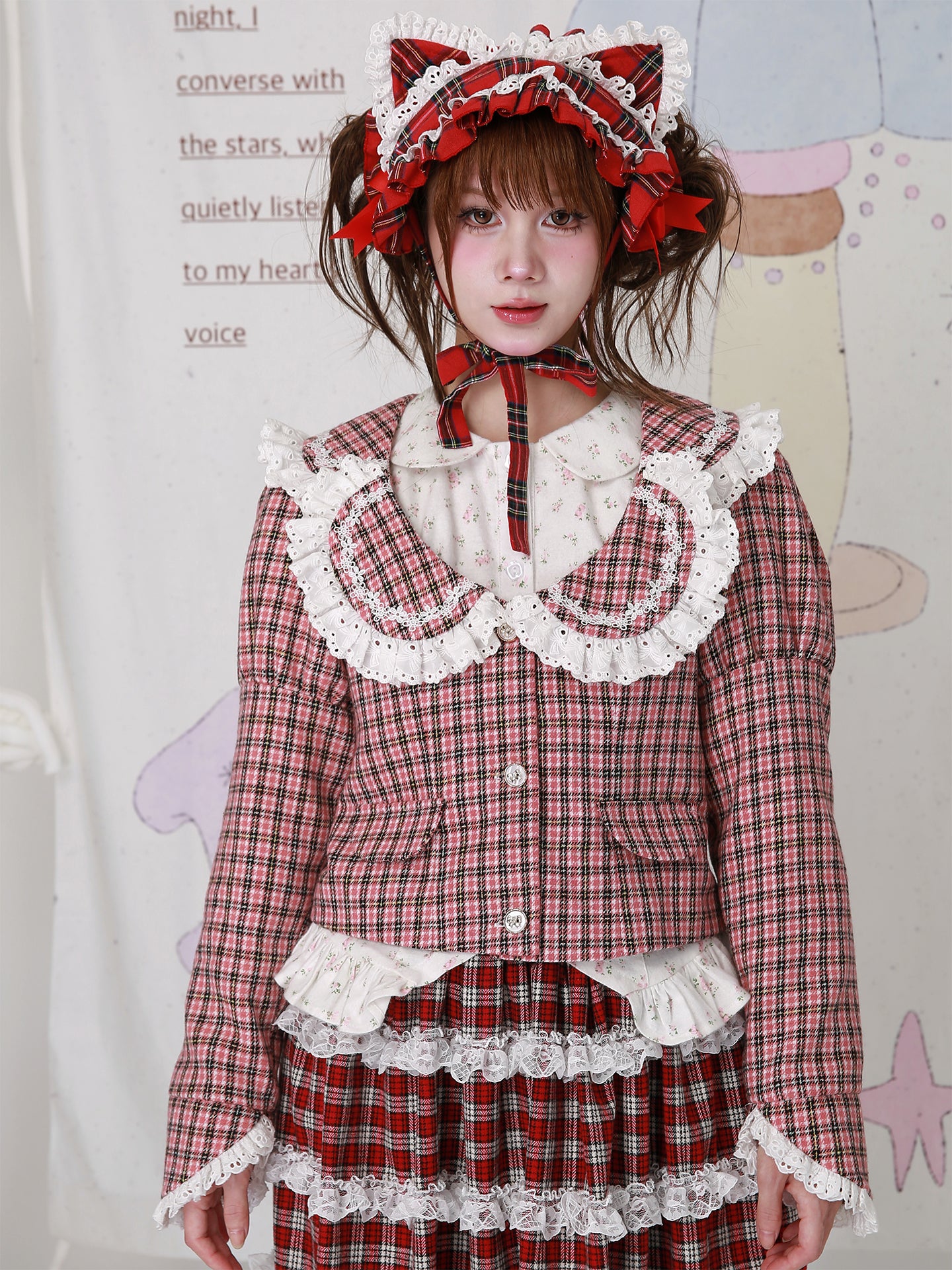 SOS MEME CLUB - Kawaii Jacket Showa Retro Pink Plaid Jacket jacket SOS MEME CLUB