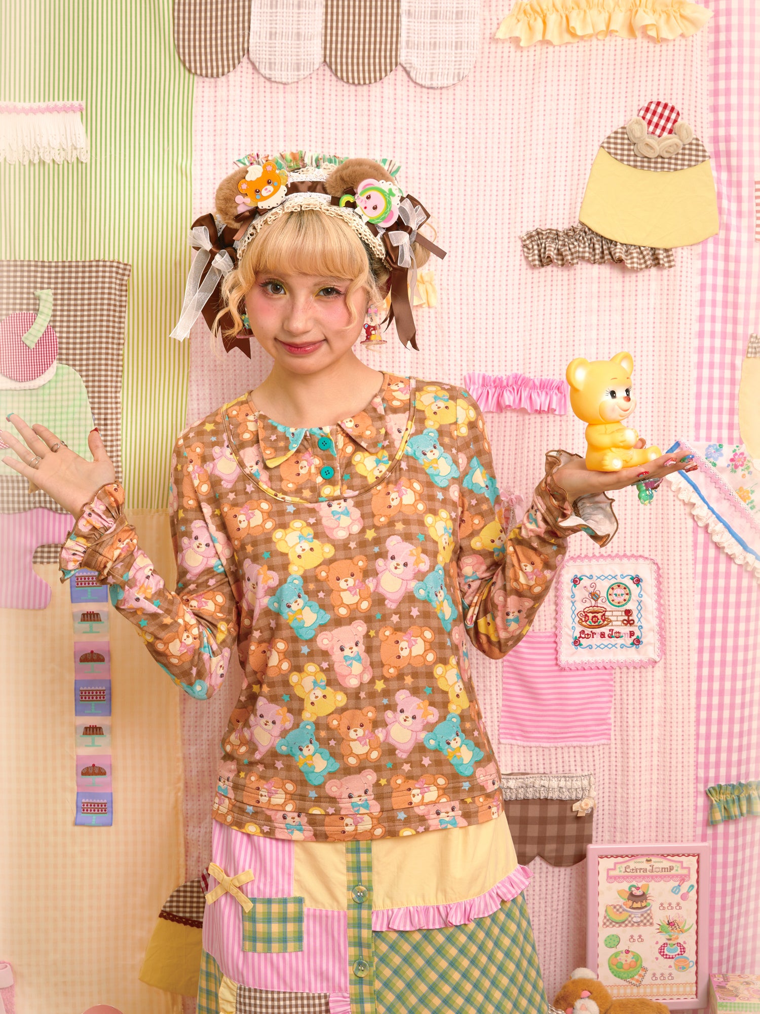 Lutra Jump - Decora Kei Bear Print Layered Long Sleeve Top shirt Lutra Jump