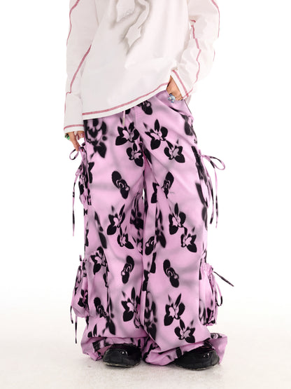 sillysis - Black Pink Floral Cargo Wide-Leg Pants pants sillysis