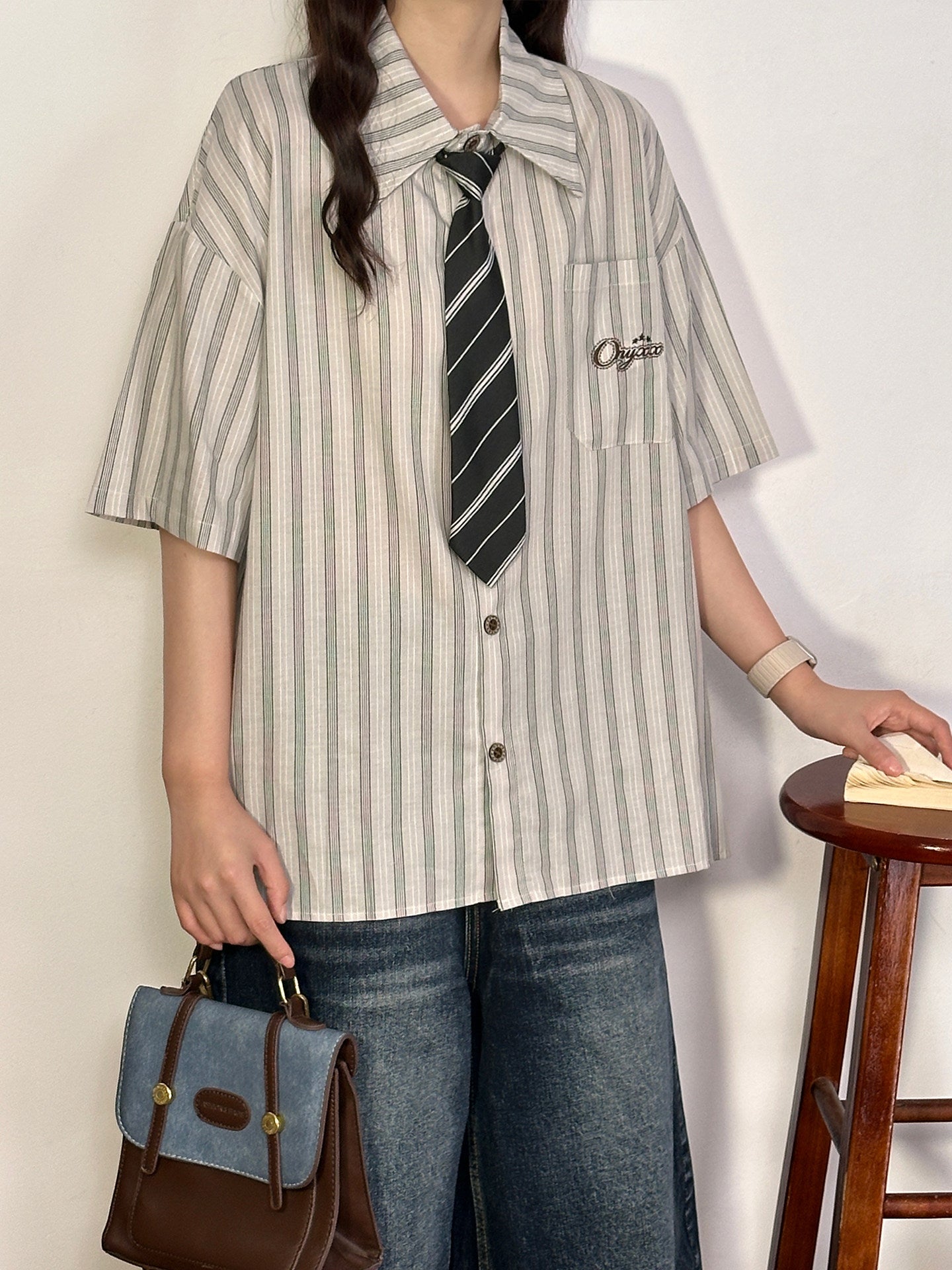 Retro Stripe Shirt with Tie shirt soldout Grey M