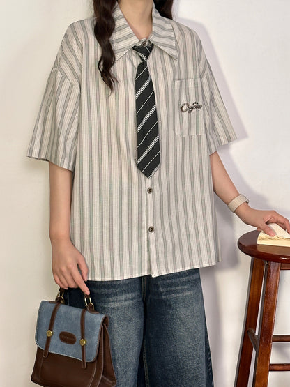 Retro Stripe Shirt with Tie shirt soldout Grey M