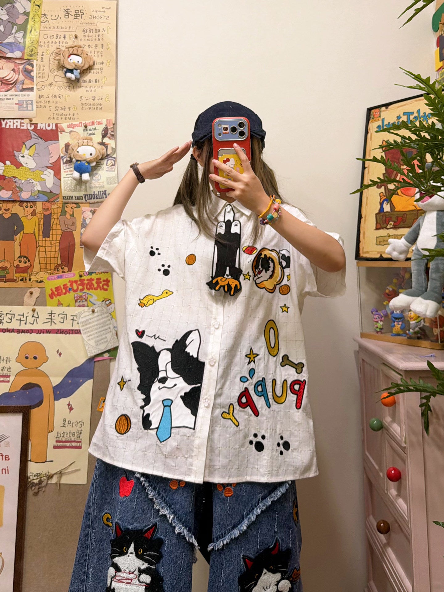 BIBULU - Kawaii Puppy Embroidered Oversized Short Sleeve Shirt
