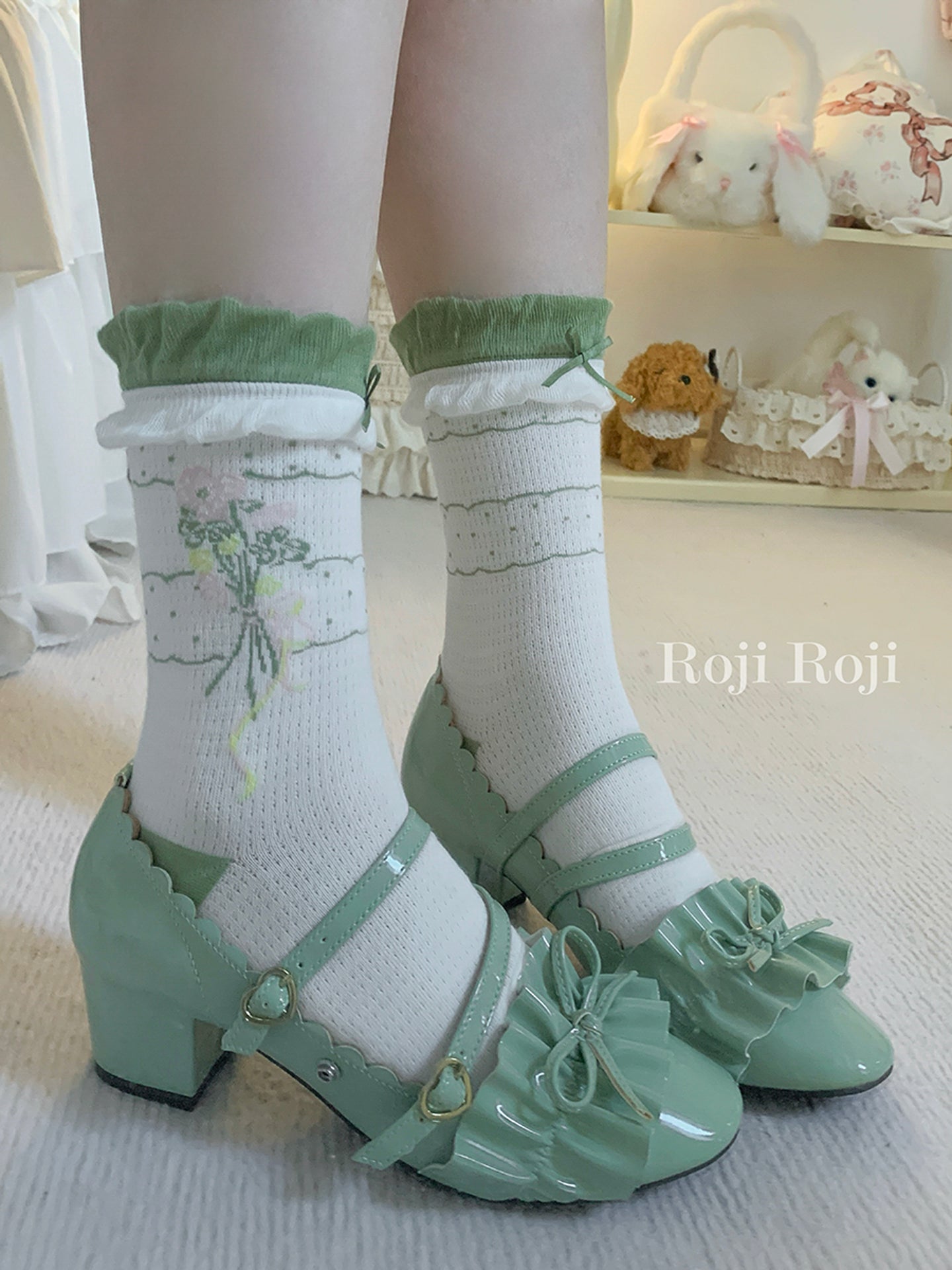 Roji Roji - Kawaii Floral Lace Bow Short Socks Breathable Cotton sock Roji Roji Green
