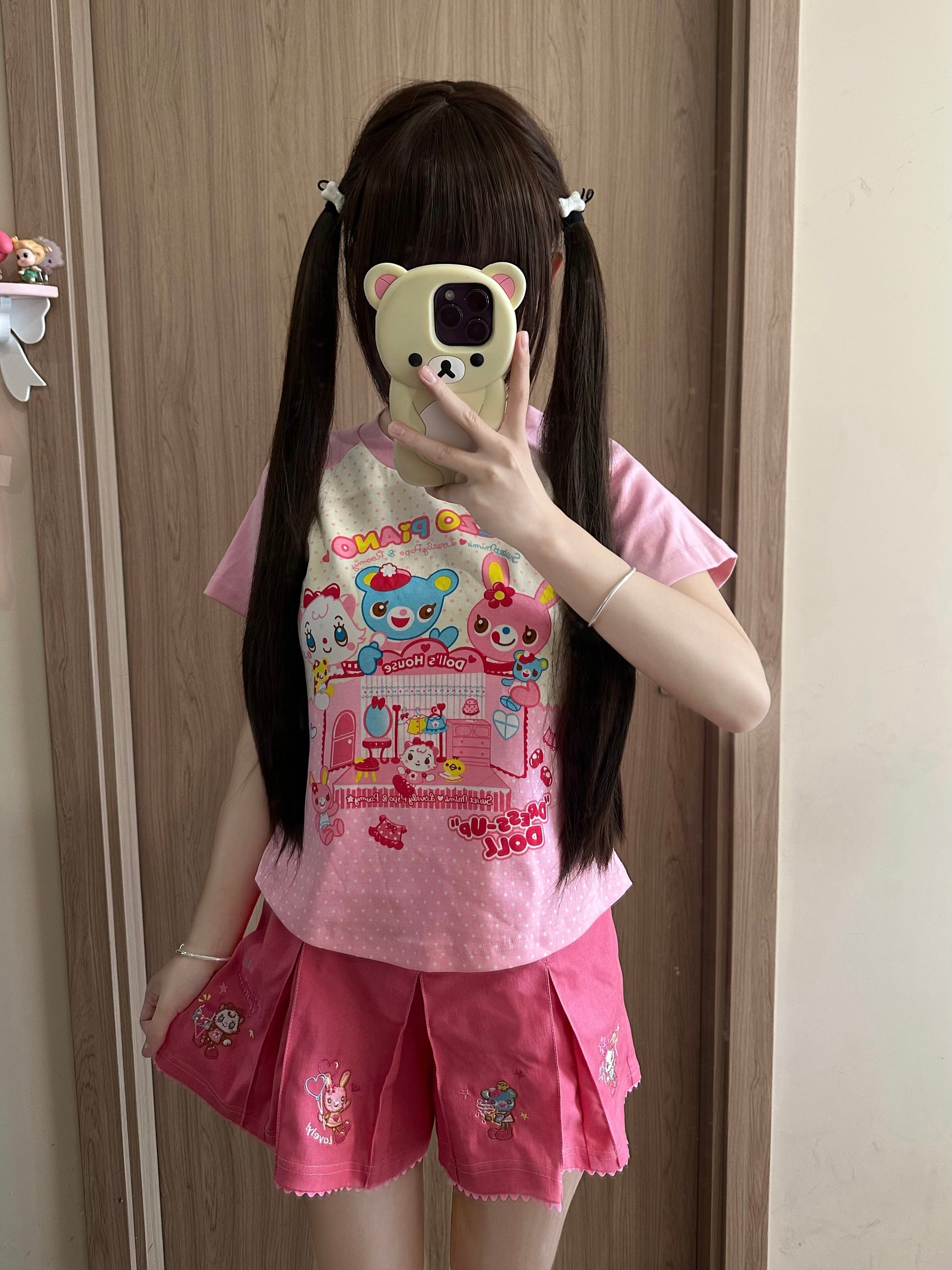 Blurred Bear - Jojifuku Inspired Sweet Cotton Tee & Denim Skirt Set set Blurred Bear