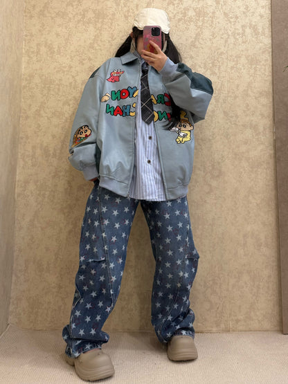 BIBULU - Kidcore Baseball Jacket Blue Embroidered PU Unisex jacket BIBULU