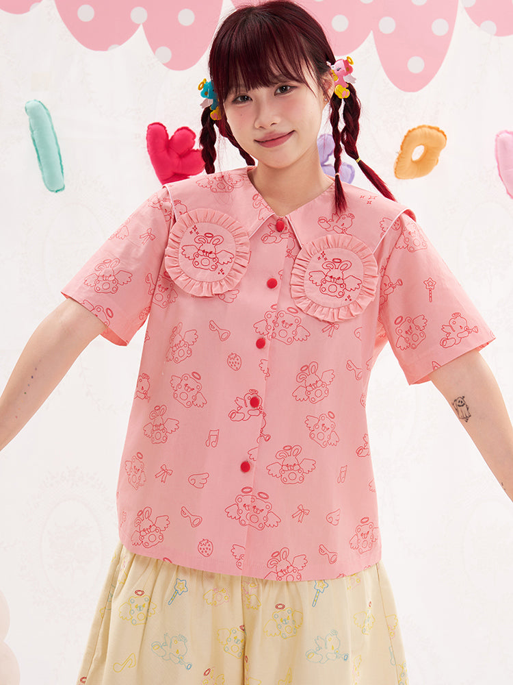 NIKKOU Pink Bunny Embroidered Shirt | Harajuku Bunny Collar Blouse blouse Nikkou home