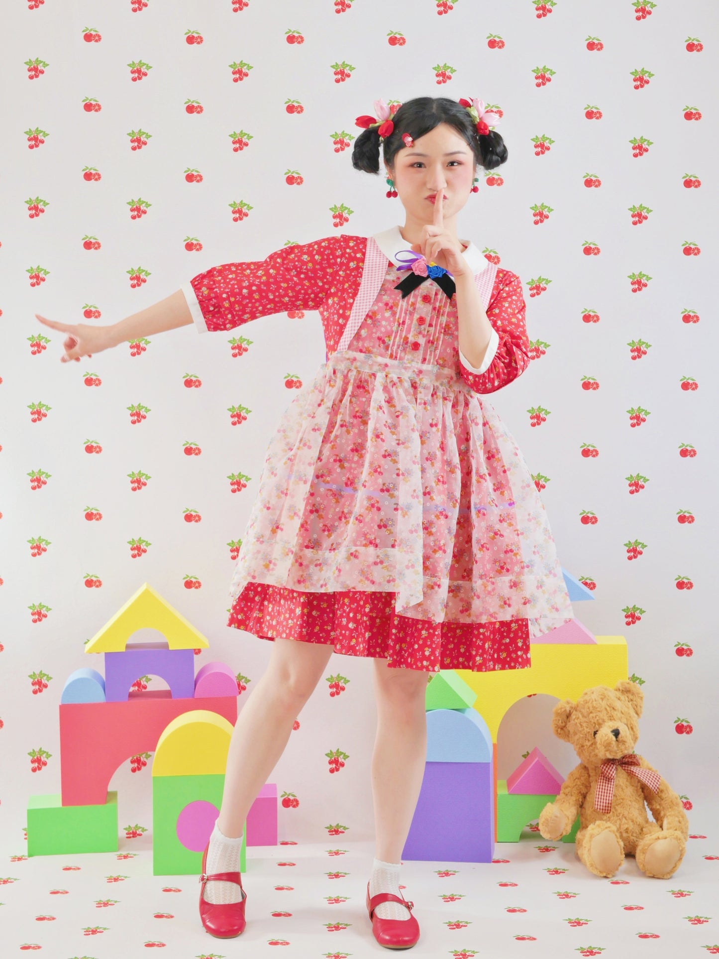 GOODBABY - Sheer Cherry Puff Cover Top overskirt dress