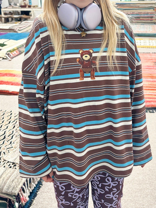 BunnyBunnyGun - Brown Blue Oversized Stripe T-Shirt shirt bunnybunnygun