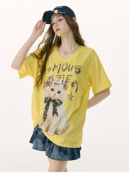 ziziFei - California Dream Cat Print V-Neck Tee tshirt ziziFei