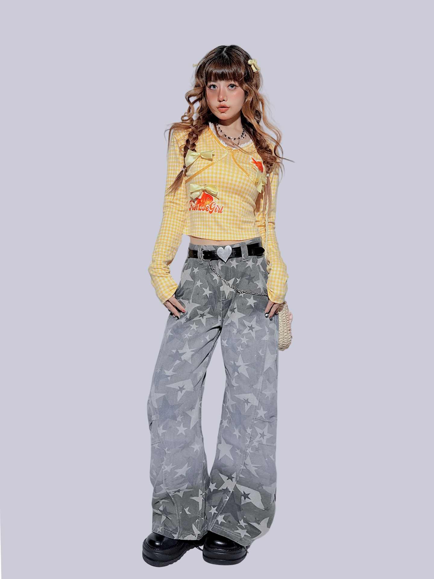 FANLOVEGIRL - Yellow Plaid Bow Embroidered Top shirt FANLOVEGIRL