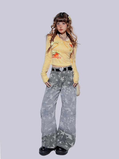 FANLOVEGIRL - Yellow Plaid Bow Embroidered Top shirt FANLOVEGIRL