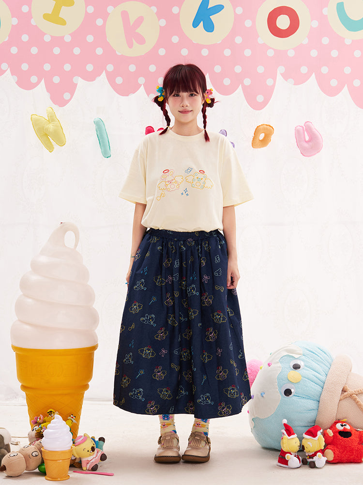 NIKKOU Cute Japanese Style A-Line Skirt | Harajuku Animal Angel Embroidered Denim Skirt skirt Nikkou home