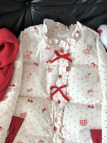 Blurred Bear - Kawaii Bow Print Puffer Jacket jacket Blurred Bear