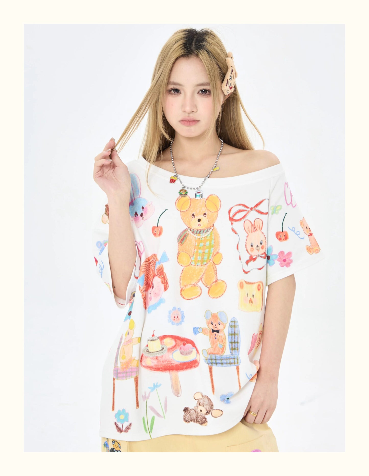 Robootoo - White Bear Tea Party Off-Shoulder T-Shirt tshirt Robootoo