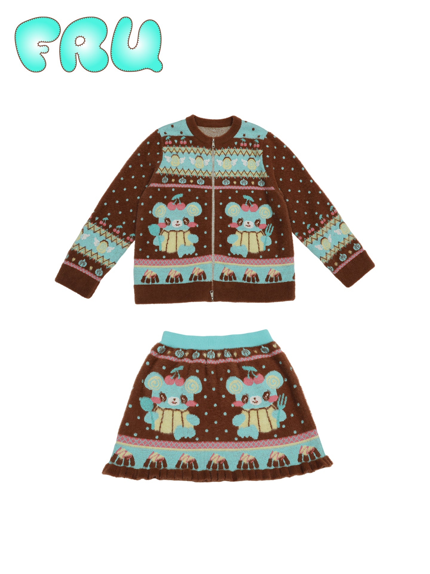 frufru - Kawaii Chocolate Bear Knit Cardigan & Skirt Set set frufru