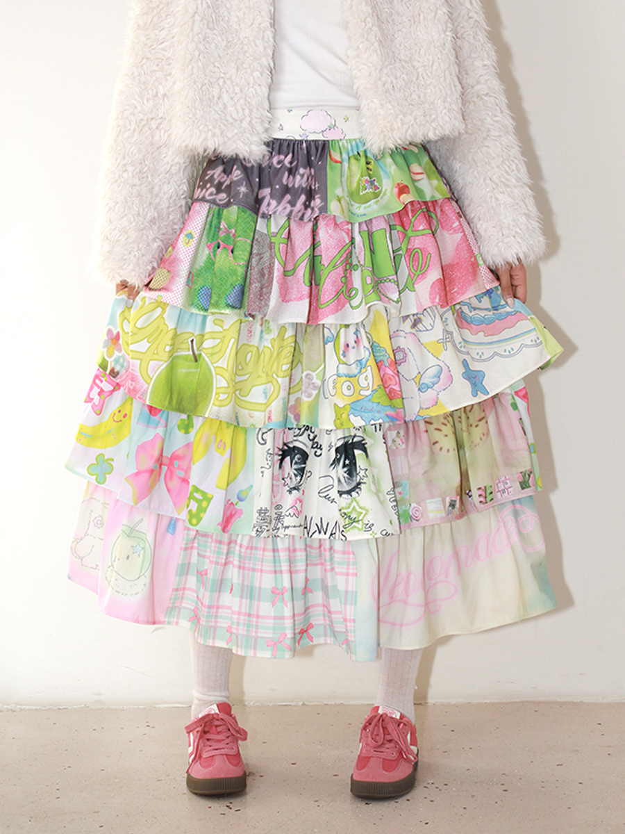 NeogoMade Bunny Cake Tiered Skirt | Harajuku Kawaii Dopamine Apple Skirt skirt NeogoMade green apple S