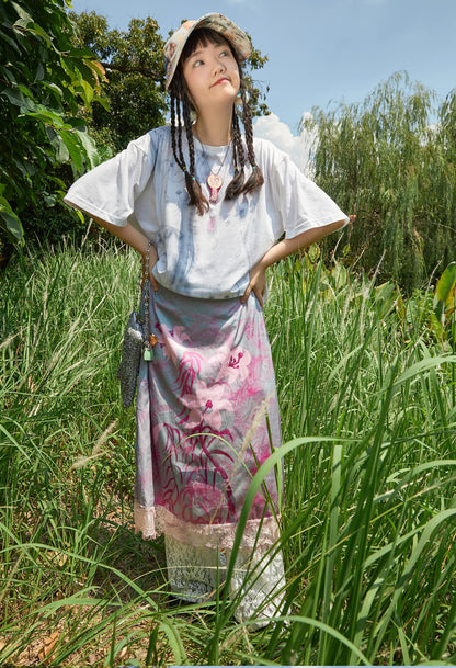 Harajuku Skirt Vintage Feel Lace A-line Skirt Satin Skirt Casual Skirt skirt Moon Meadow