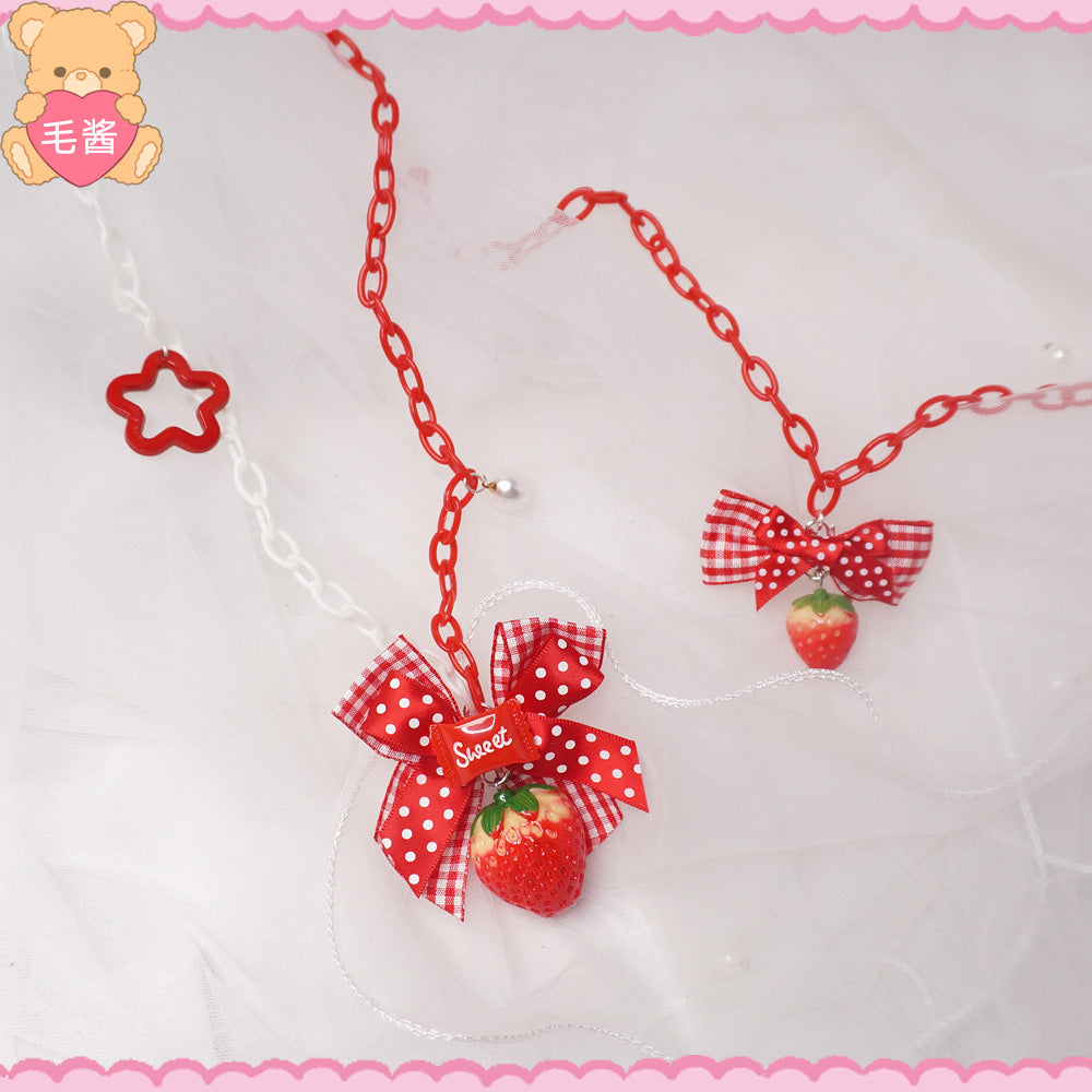 MaoJiang Strawberry Bow Necklace | Kawaii Long Pendant Chain necklace maojiang