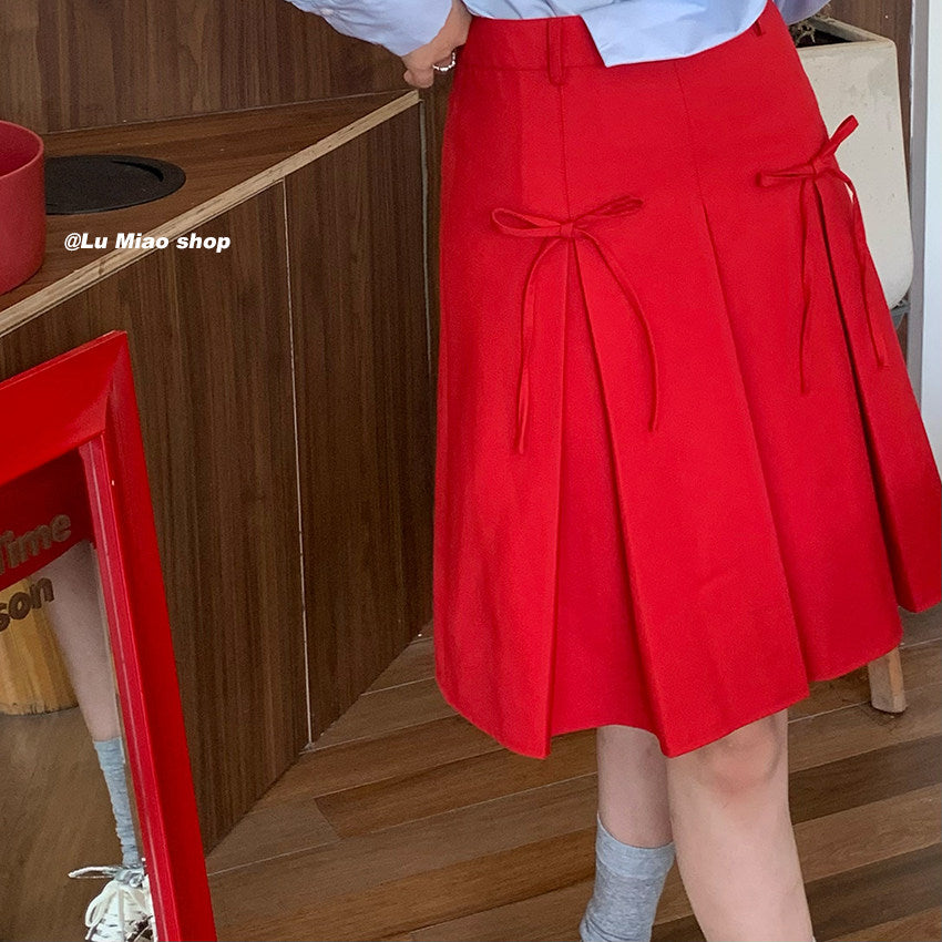 Lu Miao - Red Bow Pleated A-Line Skirt skirt Lu miao