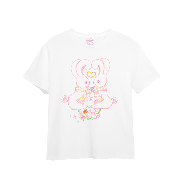 Meugler Animal Paradise Double Bunny & Heart/Star Puppy Print Couple White T-shirt