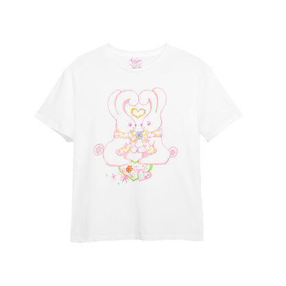 Meugler Animal Paradise Double Bunny & Heart/Star Puppy Print Couple White T-shirt