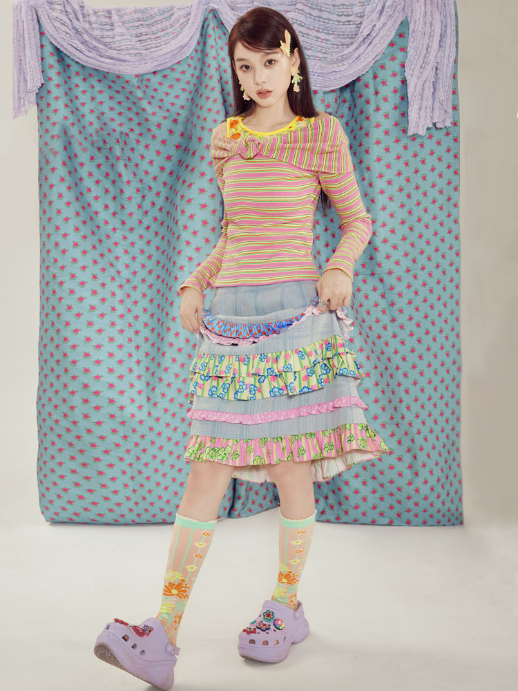 Tntntutu Skirt | Light Blue Lace Denim Skirt | Plaid A-Line High Waist Skirt skirt tntntutu