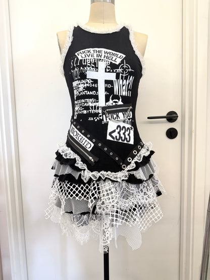 RedDevil朋克蕾丝不规则拼接背心连衣裙女亚文化视觉系背心裙 dress Red Devil