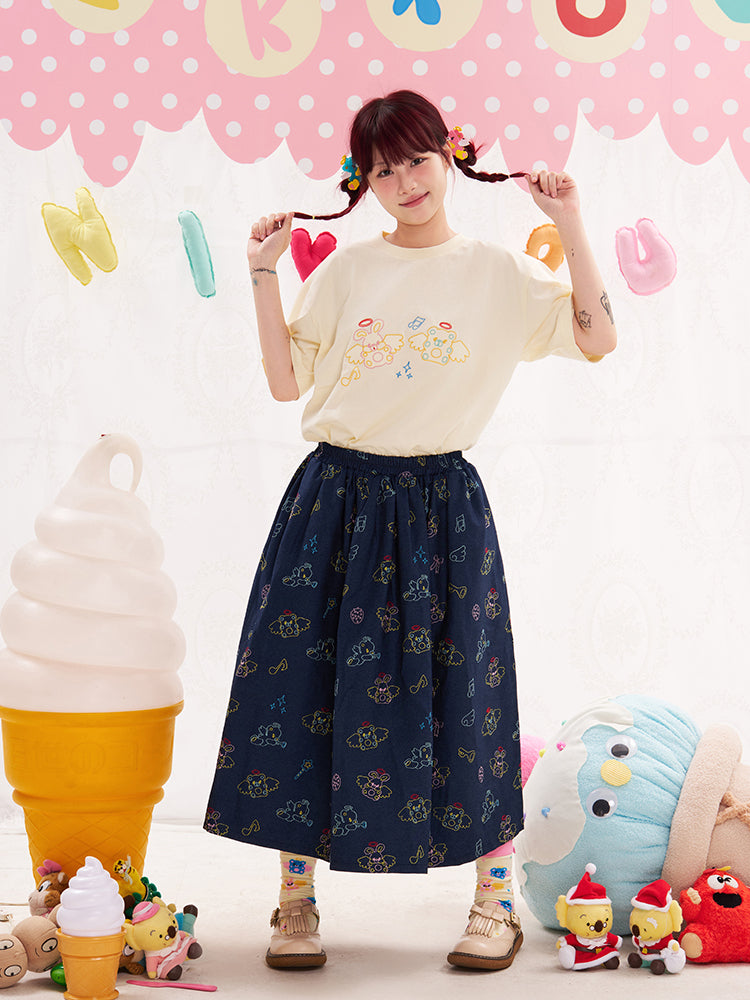 NIKKOU Cute Japanese Style A-Line Skirt | Harajuku Animal Angel Embroidered Denim Skirt skirt Nikkou home
